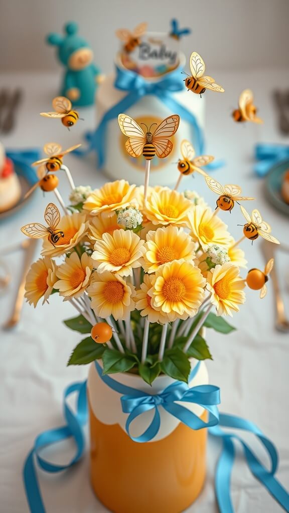 Vibrant cake pop bouquet with yellow flowers and decorative bees.