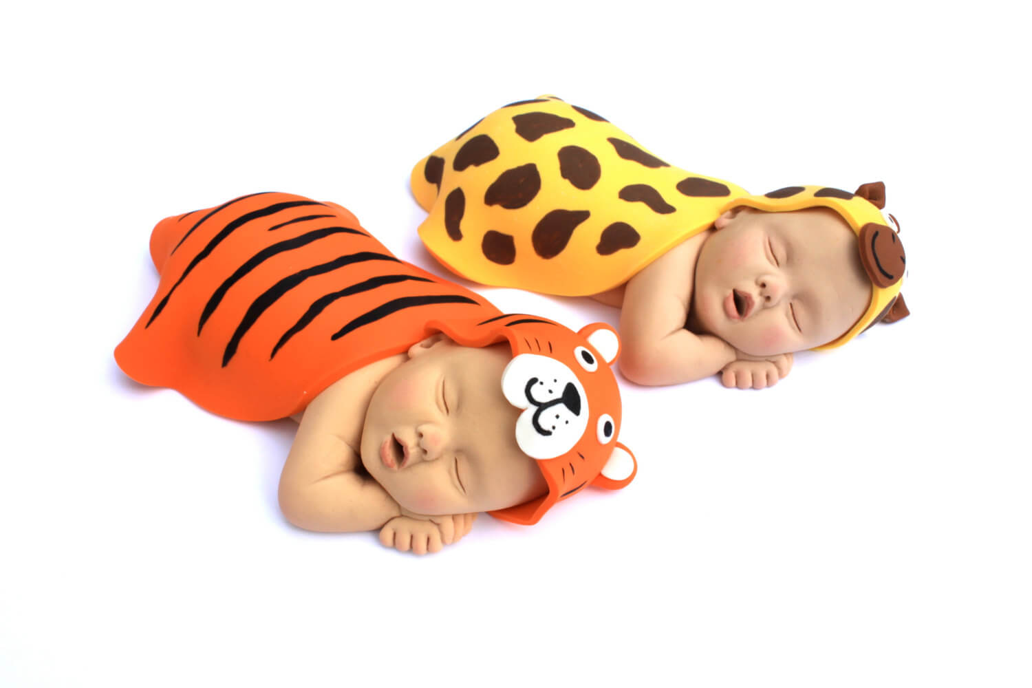 Baby Cake Topper Sugar Paste Twins Orange & Yellow Tiger and Giraffe Animal Blankets for Safari Baby Shower