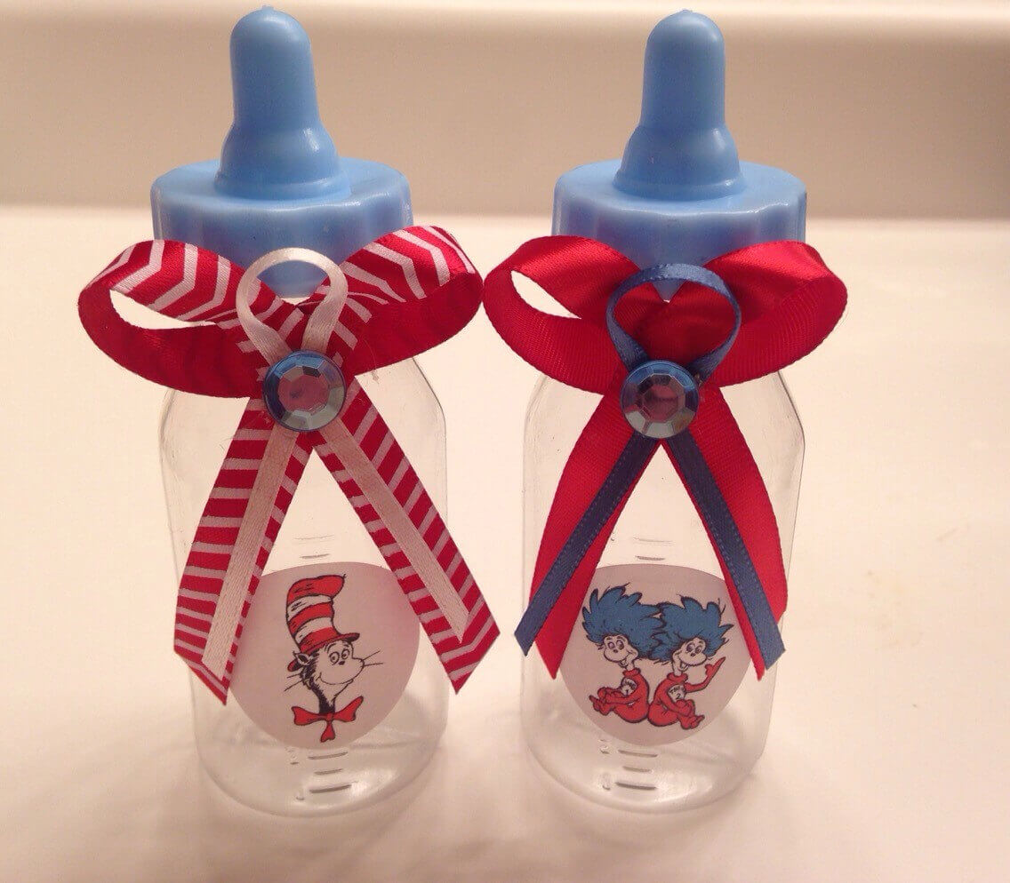 Dr. Seuss Baby Shower Favors - 24 Fillable Bottles Thing 1- Thing 2 or Cat in the Hat theme