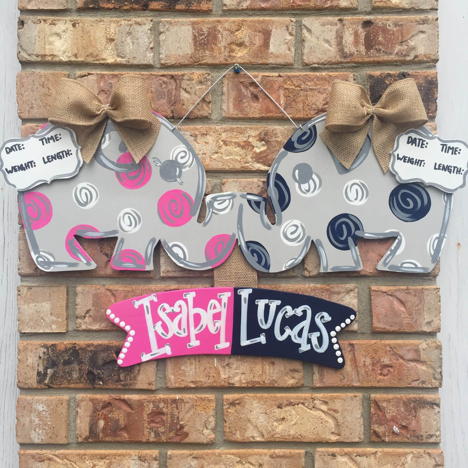 Kissing elephants, twin door hanger