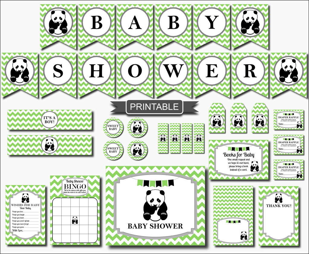 Green Panda Baby Shower Decorations Package Digital Printable PDF Instant Download Boy Baby Shower