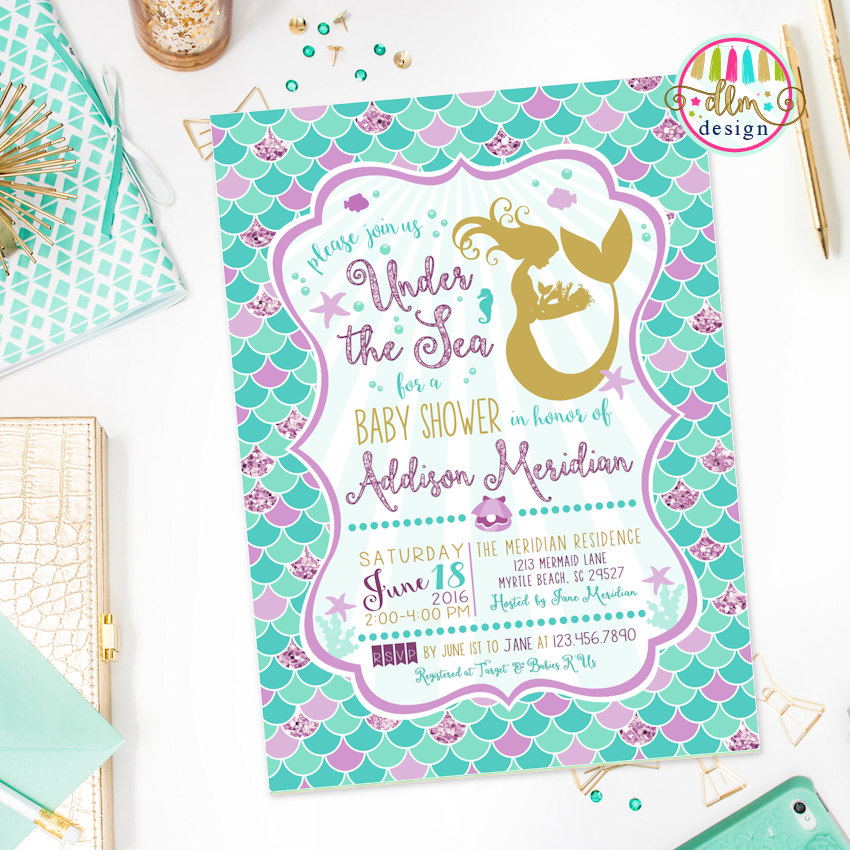 Mermaid Baby Shower Invitation, Under The Sea Baby Shower, Mermaid Shower Invite, Mermaid Invitation, Purple and Aqua, Printable DIY Invite