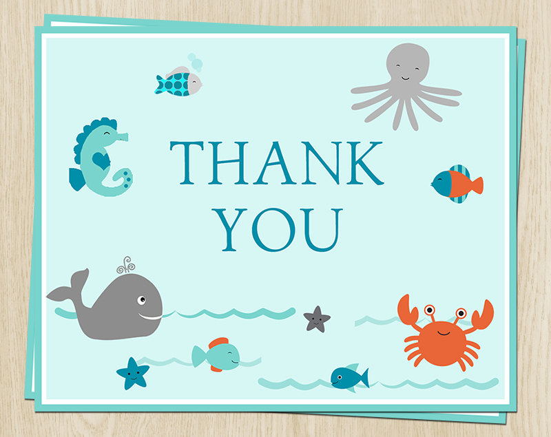 Under the Sea Thank You Cards, Baby Shower, Birthday, Blue, Aqua, Ocean, Whale, Crab, Fish, Set of 24 Folding Notes, SEABD, Sea Buddies