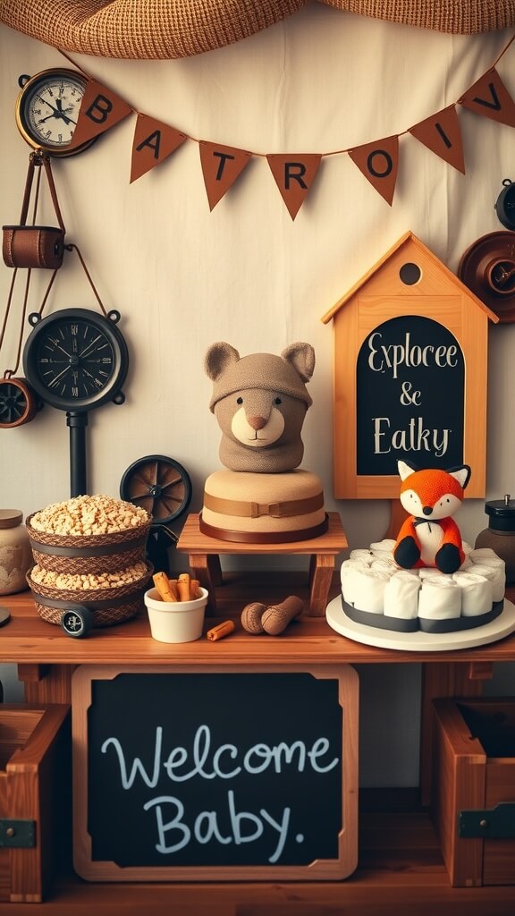 A cozy baby shower setup featuring rustic decor, a welcome sign, and delicious treats.