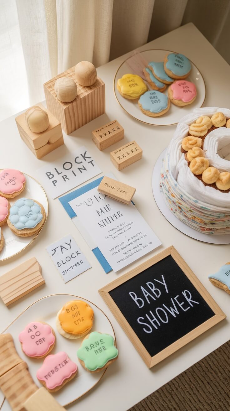 A beautifully arranged baby shower setup featuring alphabet blocks, a cake, and flowers.