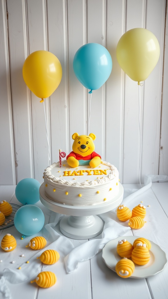 Winnie the Pooh themed birthday cake with balloons and honey-themed treats