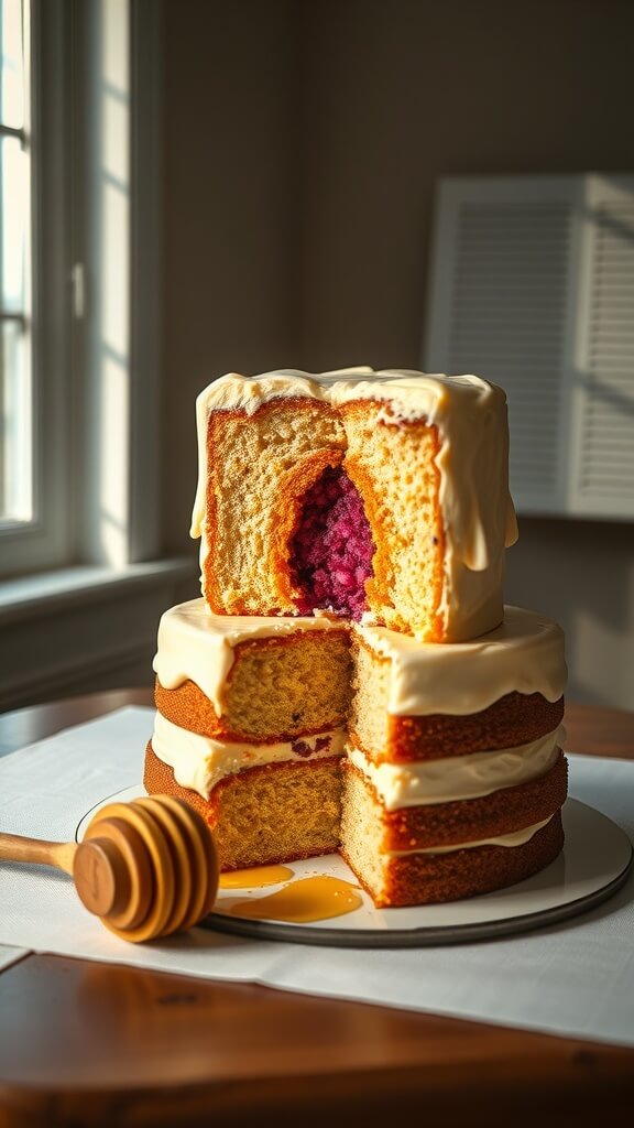 A beautifully layered cake with a honey drizzle, showcasing a hidden colorful center.