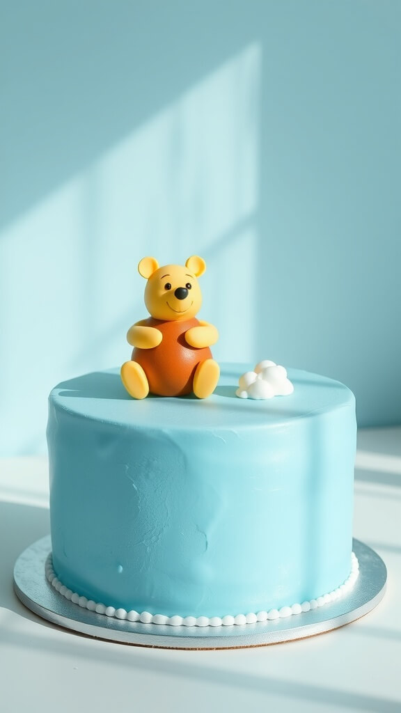 A blue cake with a Winnie The Pooh figurine on top, perfect for a boy's celebration.