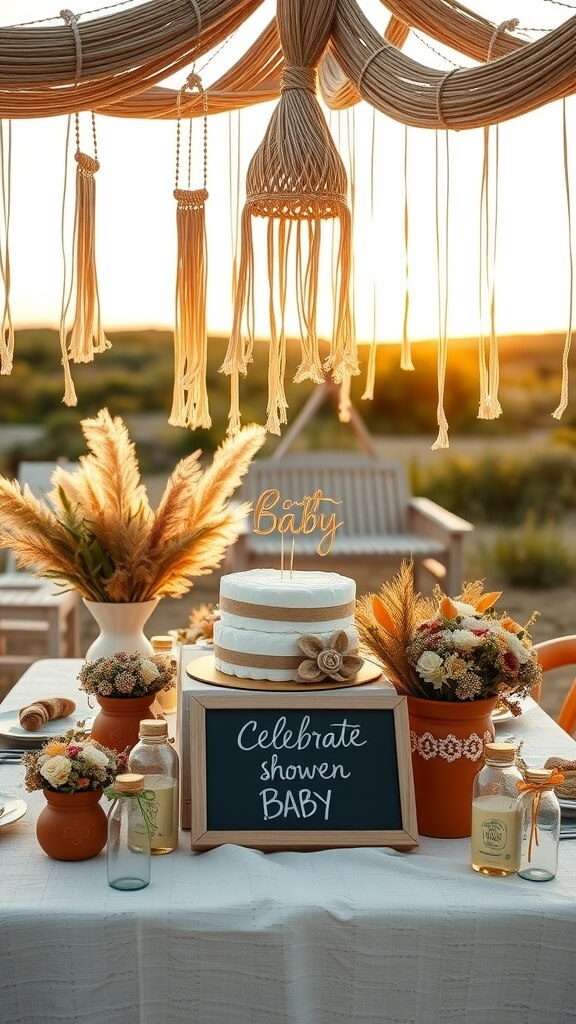 A beautifully styled boho baby shower table with a cake, flowers, and decorations.