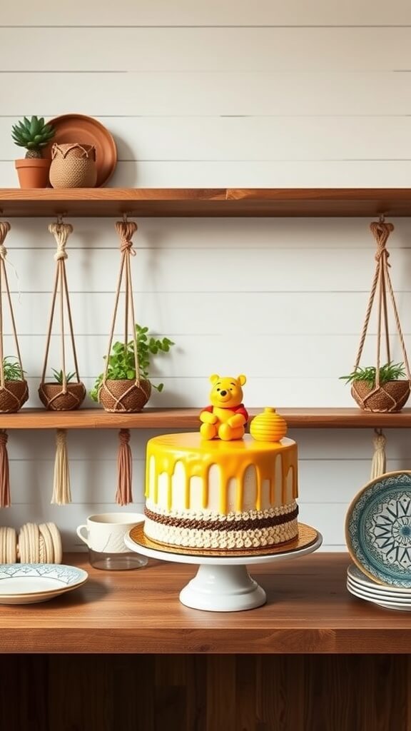 A boho kitchen shelf with a Winnie the Pooh cake and decorative items.