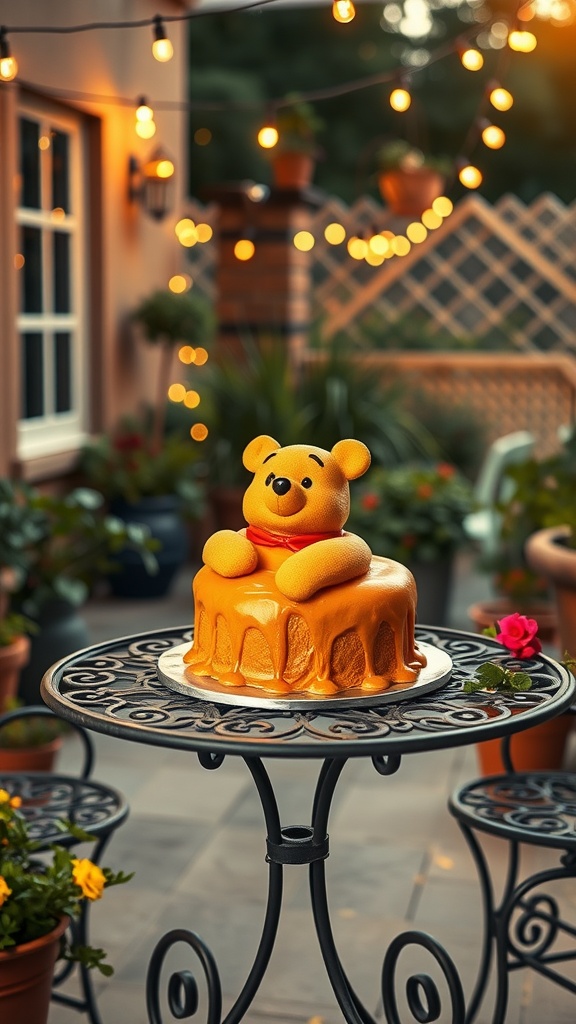 A Winnie the Pooh cake on a black patio table surrounded by flowers and warm lights.