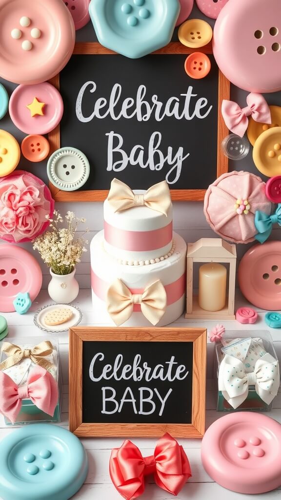 A vibrant display of buttons and bows with a chalkboard sign that says 'Celebrate Baby'.