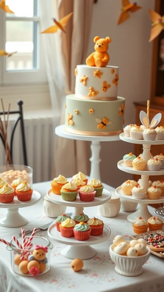 A beautifully decorated cake table featuring a Winnie The Pooh themed cake and colorful cupcakes.