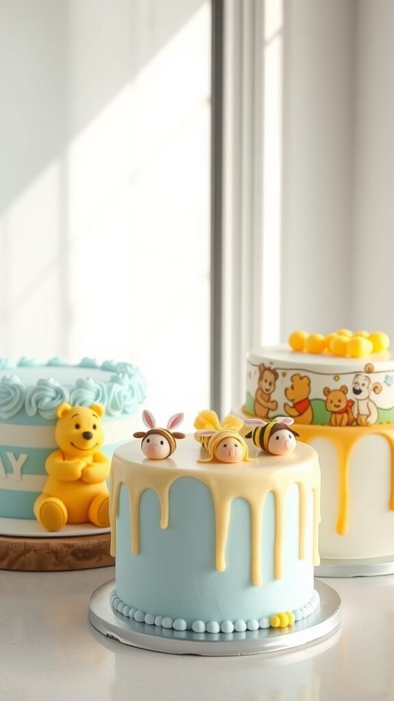 Three colorful Winnie the Pooh themed cakes with playful decorations.