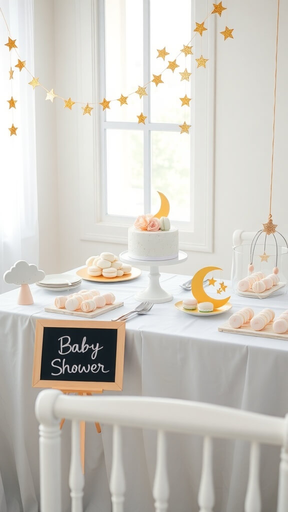 A beautifully arranged celestial-themed baby shower table with a cake, macarons, and star decorations.