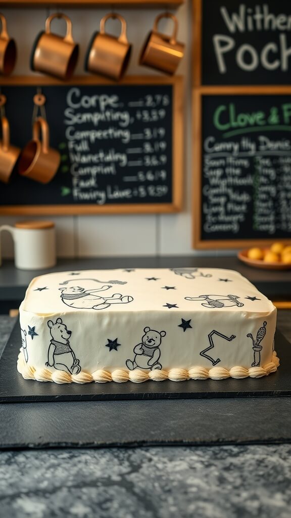 Winnie the Pooh themed sheet cake with playful designs and a chalkboard backdrop.
