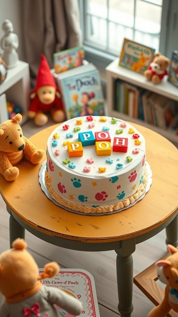 A colorful Winnie the Pooh-themed cake on a playroom table surrounded by plush toys and children's books.