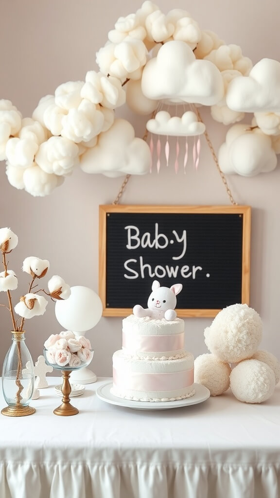 A beautifully decorated baby shower table featuring a cake, cotton clouds, and a welcome sign.