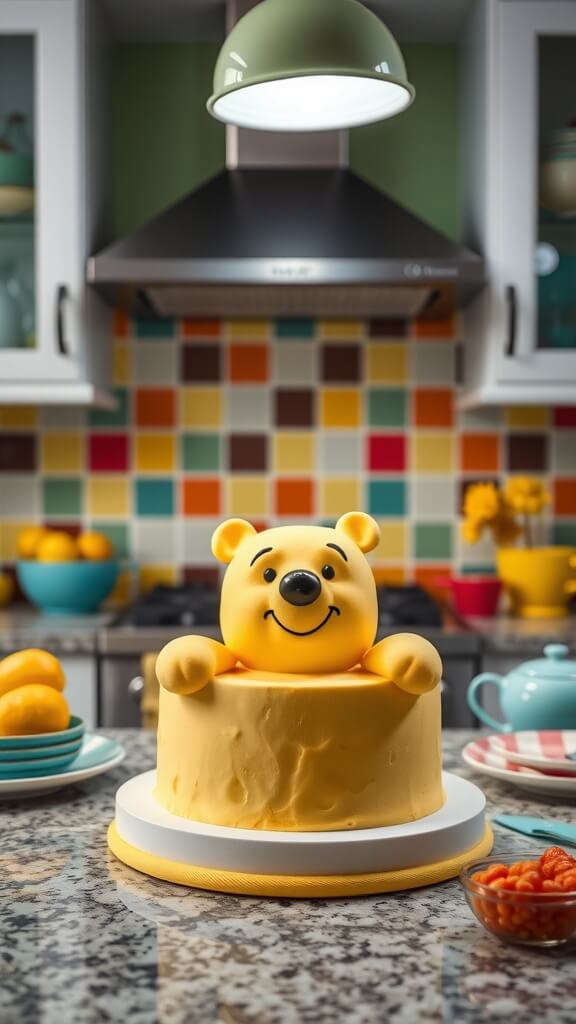A cheerful Winnie the Pooh cake with a colorful tile backsplash in a kitchen setting.