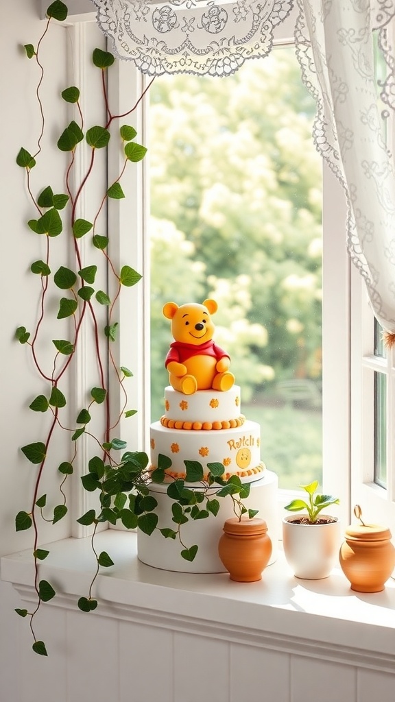 A two-tier Winnie the Pooh cake on a cottage window sill surrounded by plants.