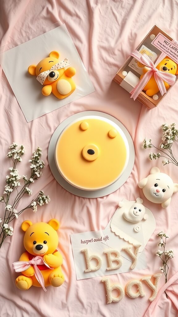 A beautifully arranged Winnie the Pooh themed cake and decorations for a baby shower.