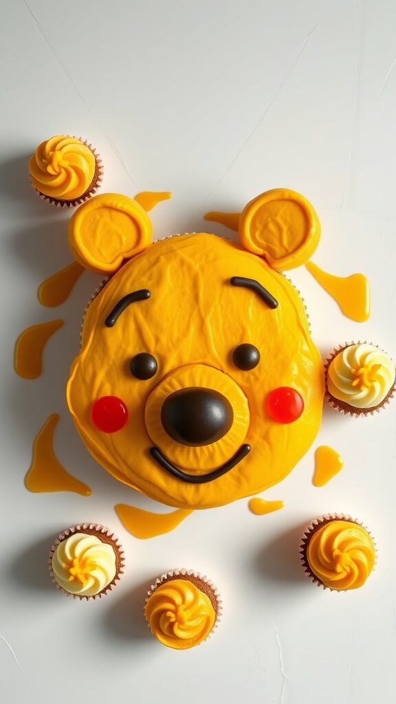 A cupcake mosaic cake designed to look like Winnie the Pooh with surrounding cupcakes.