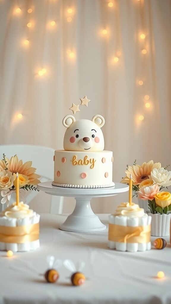 A beautifully decorated Winnie The Pooh themed cake with pastel colors and floral arrangements.