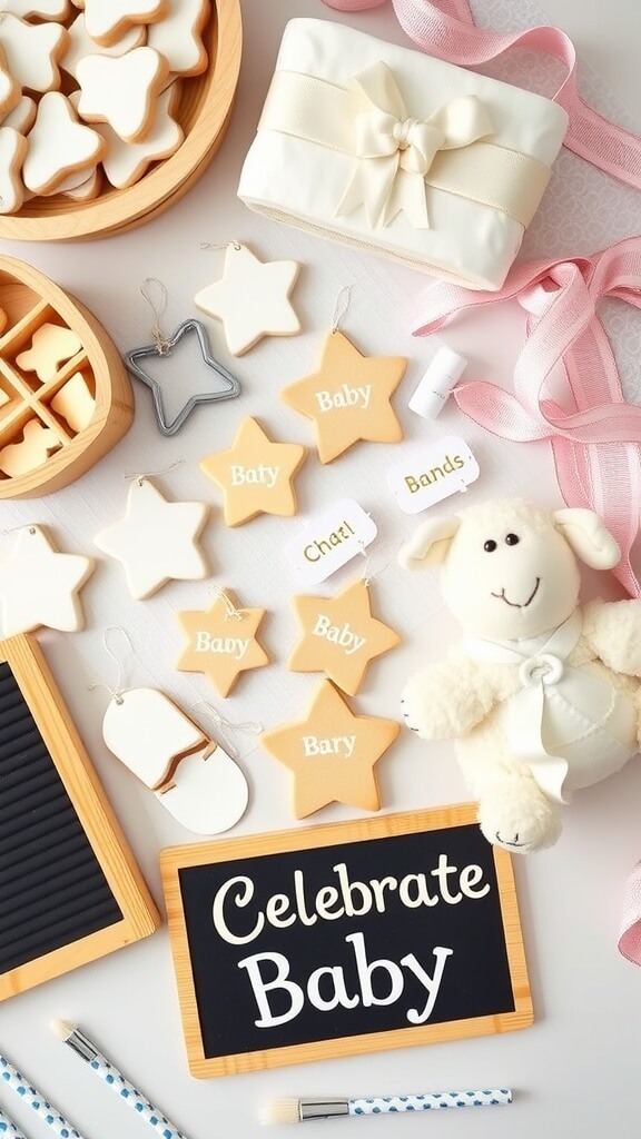A collection of star-shaped cookies, tags, and a sign that says 'Celebrate Baby' for a baby shower.