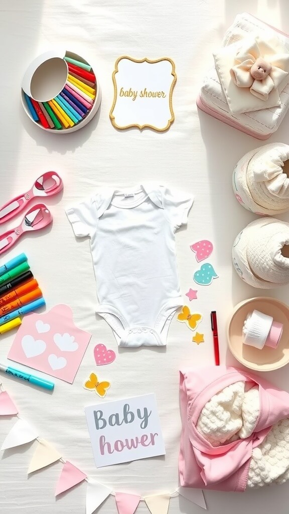 A flat lay of baby shower items including a white onesie, colorful markers, and decorative elements.