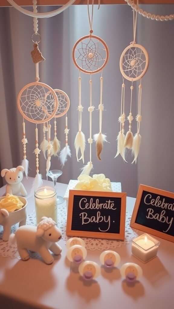 Decorative dream catchers hanging with baby shower decor including candles and plush toys.