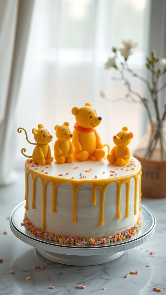 A simple Winnie The Pooh cake with fondant figures of Pooh and friends, decorated with yellow drizzle and colorful sprinkles.