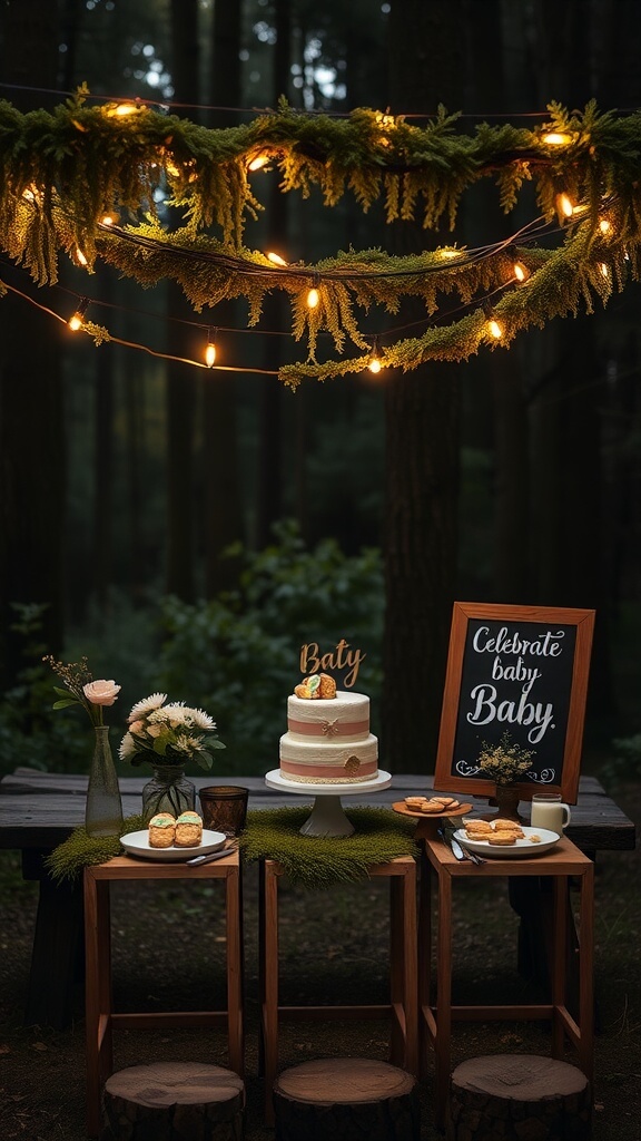 A beautifully decorated table for a baby shower in a forest setting, featuring a cake, snacks, and fairy lights.