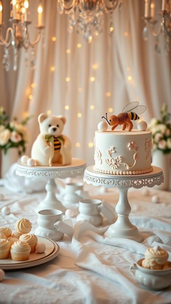 A beautifully arranged baby shower display featuring a Winnie the Pooh cake, cupcakes, and elegant decor.