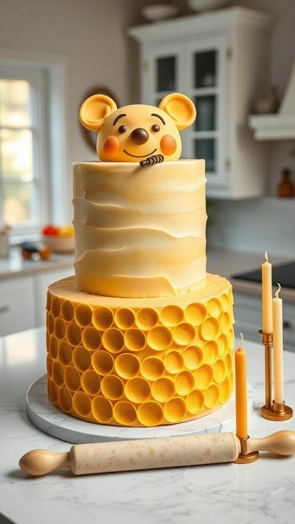 A beautifully decorated cake with honey glaze on a rustic table, surrounded by flowers and honey jars.