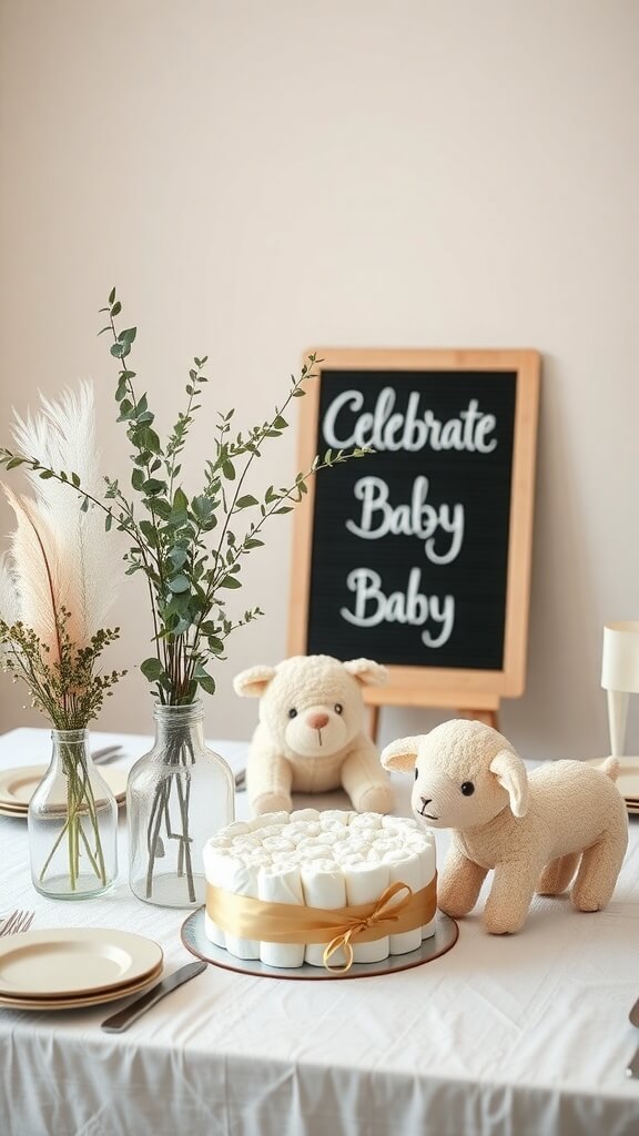 A beautifully arranged baby shower table with a cake, plush toys, and greenery.