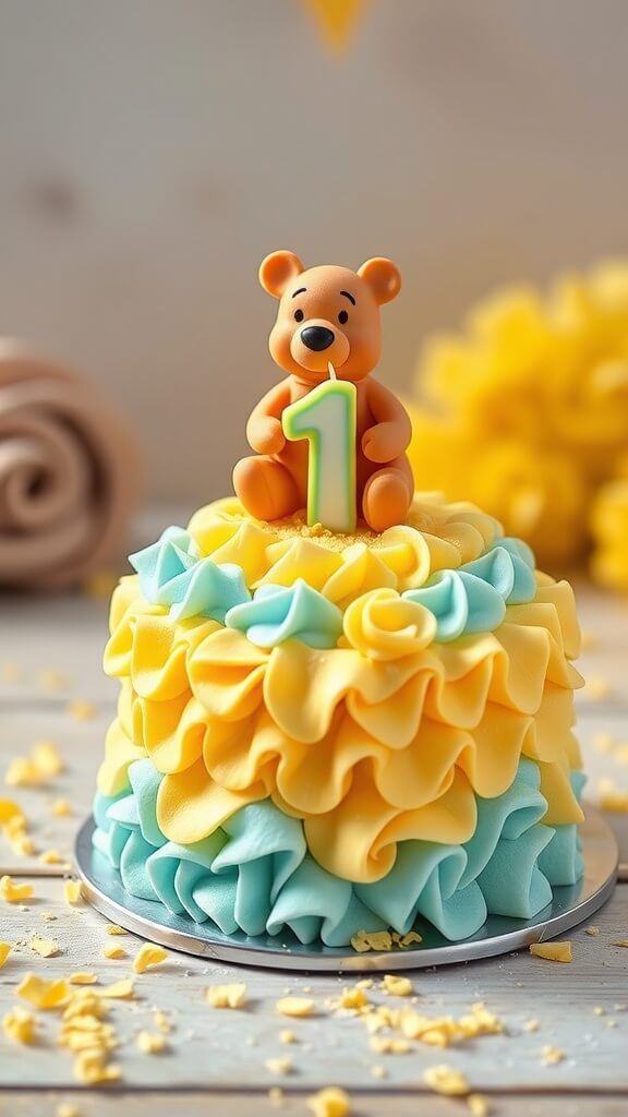 A colorful first birthday smash cake featuring a Winnie The Pooh figurine and ruffled icing.