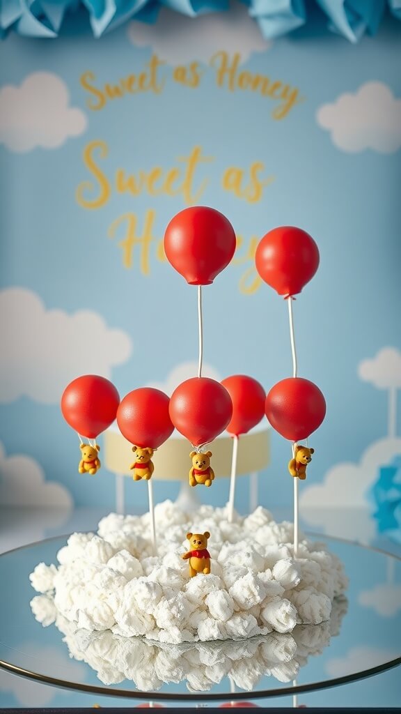 Floating balloon Pooh cake pops with spun sugar clouds on a reflective surface.