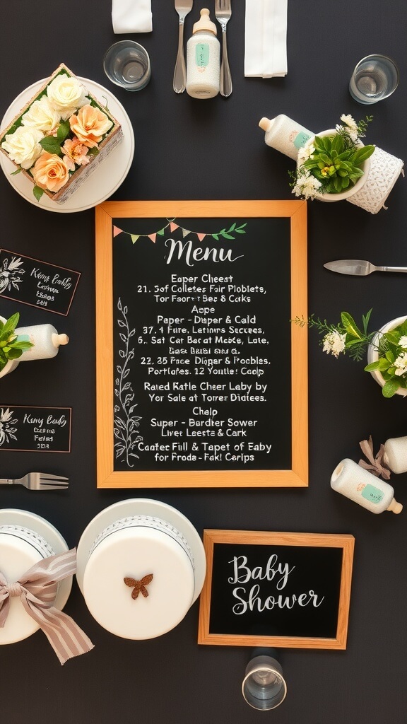 A beautifully arranged baby shower table featuring a chalkboard menu, floral decorations, and elegant table settings.