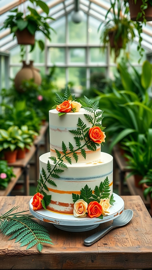A three-tiered Winnie the Pooh cake decorated with sugar-paste leaves and flowers, set in a greenhouse.