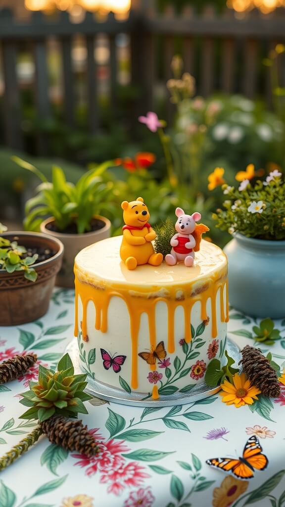 A beautifully decorated Winnie the Pooh cake with honeycomb-patterned icing, featuring Pooh and Piglet figurines, surrounded by flowers and greenery.