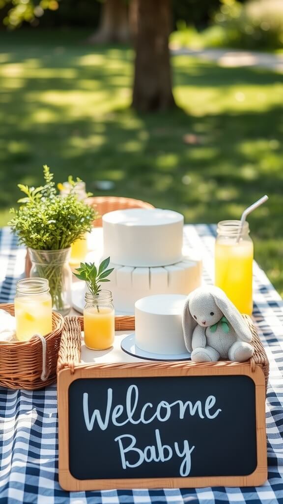 A garden picnic setup for a baby shower featuring cakes, drinks, and a welcome sign.