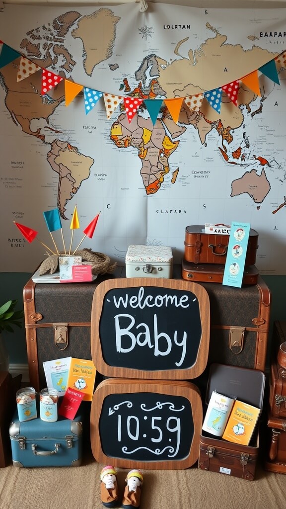 A baby shower setup featuring vintage suitcases, a world map backdrop, and colorful decorations.