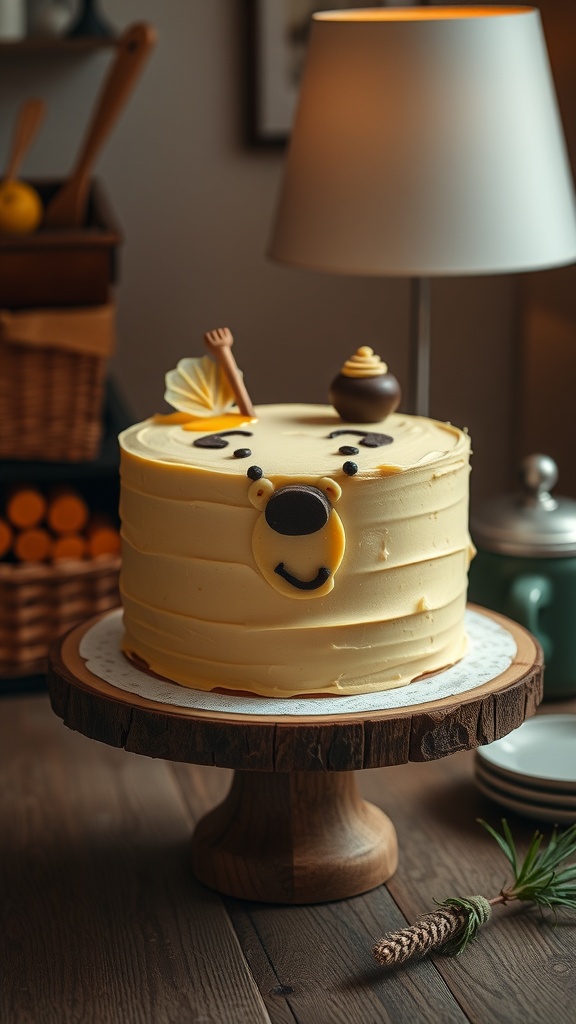 A beautifully decorated homemade classic Pooh cake with pastel yellow icing and Pooh's face on top.