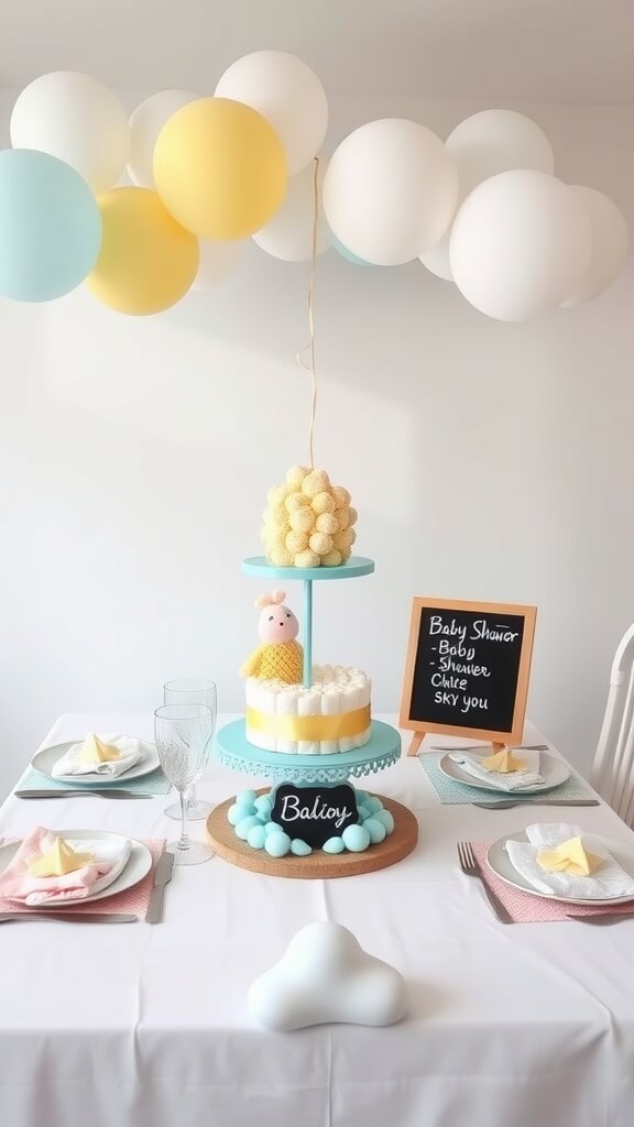 A beautifully decorated table for a hot air balloon themed baby shower with pastel balloons, a cake, and table settings.