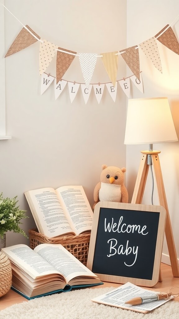A cozy setup for a library-themed baby shower with books, a welcome sign, and decorative bunting.