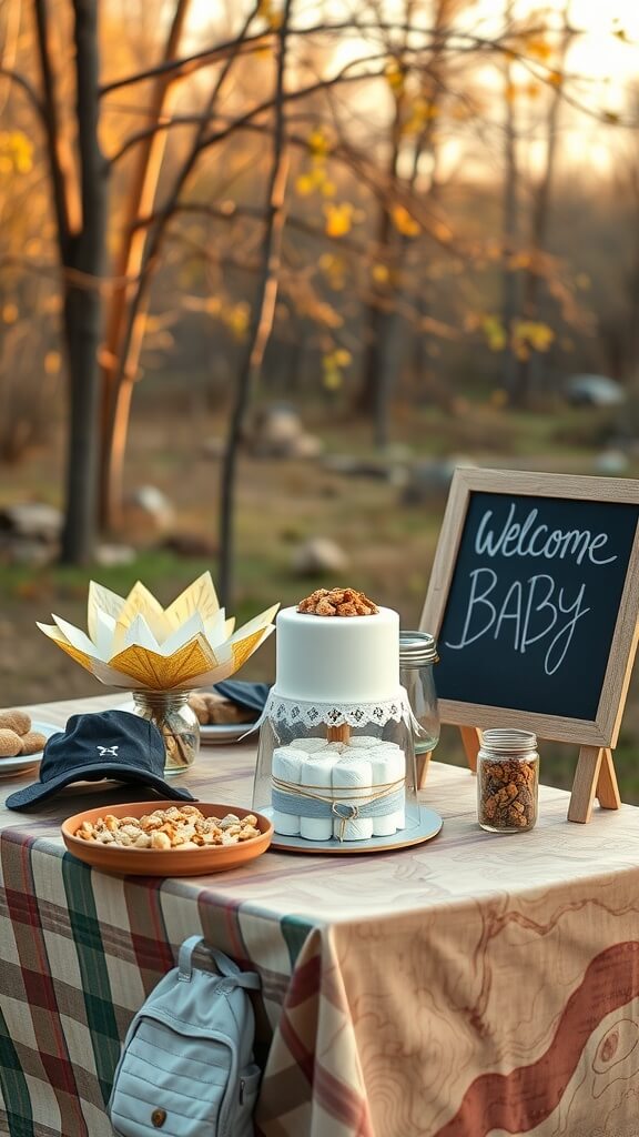 A rustic baby shower setup featuring a cake, snacks, and a welcome sign in a natural setting.
