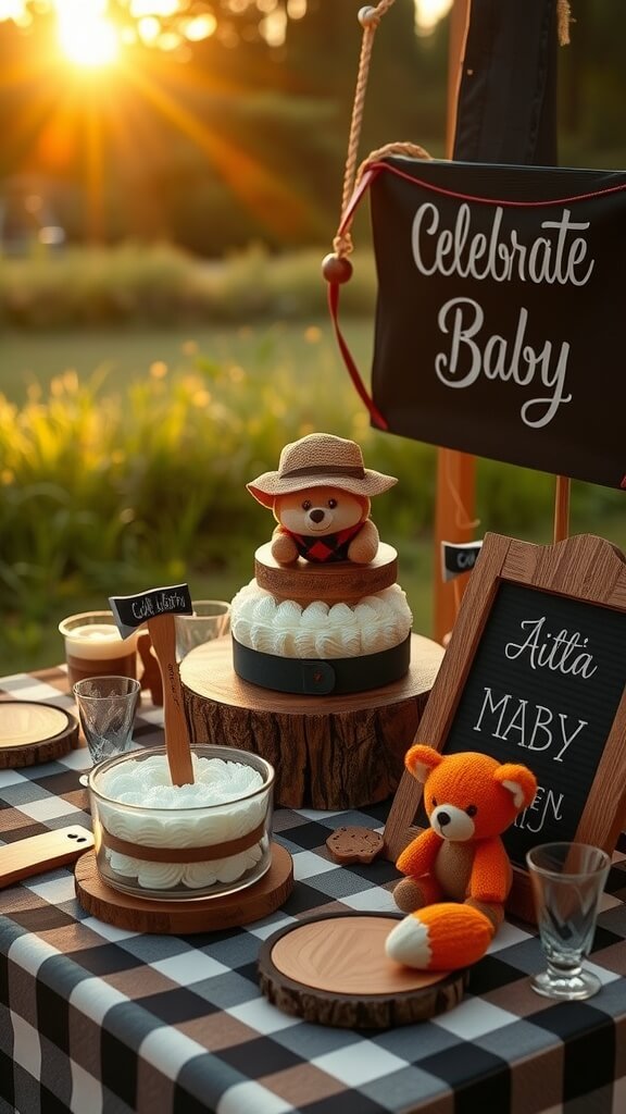 A rustic baby shower setup with a bear-themed cake, wooden decor, and a cozy atmosphere.
