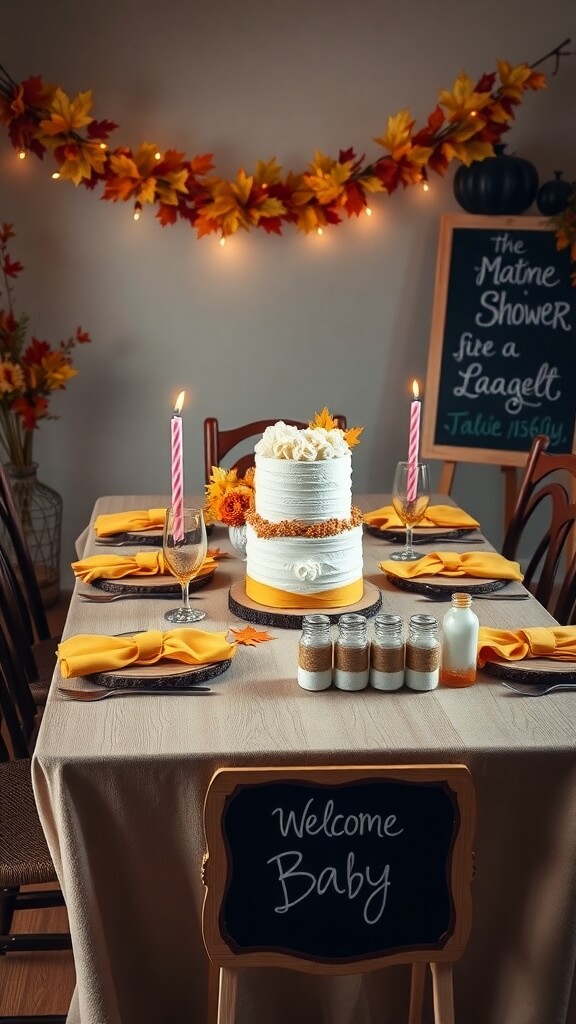 A beautifully set table for a baby shower with a cake, candles, and warm autumn decorations.