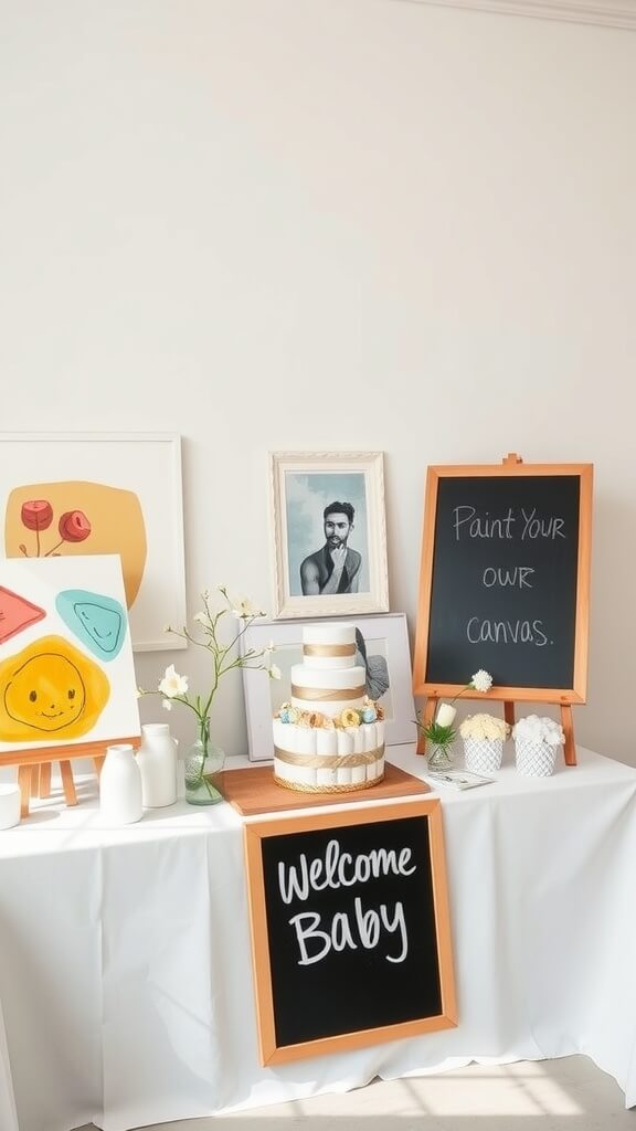 A modern art gallery-inspired baby shower setup featuring a cake, art pieces, and welcome signage.