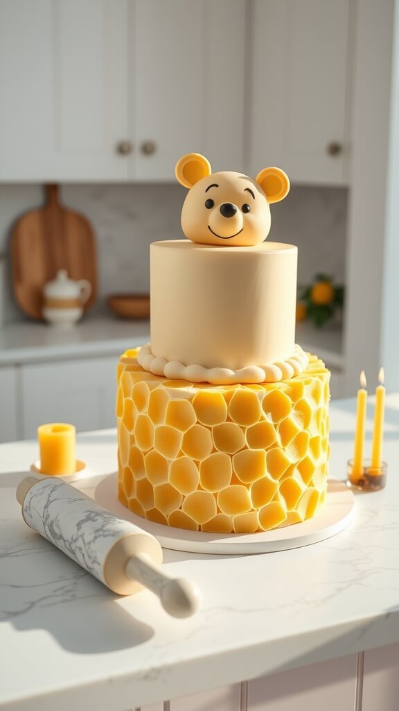 A charming Winnie the Pooh cake with a honeycomb design displayed on a marble kitchen counter.